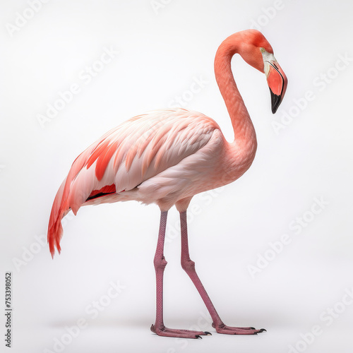 Elegant Flamingo Standing Isolated on White Background