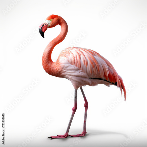 Elegant Flamingo Standing Isolated on White Background

