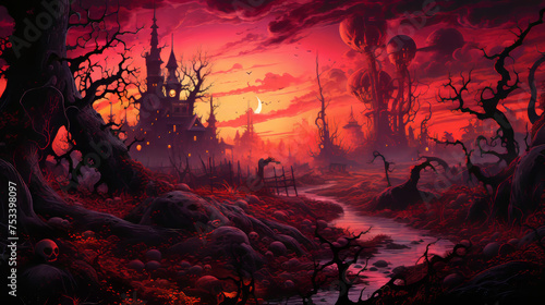 Illustration of an enchanted forest with a gothic castle at twilight