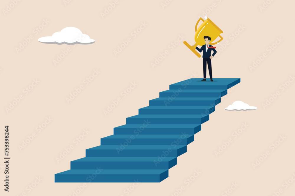 Business success, step to achieve career success, business growth, climbing the stairs to achieve goals, businessman achieves victory trophy. Business success, step to achieve career success, business growth, climbing the stairs to achieve goals, businessman achieves victory trophy.