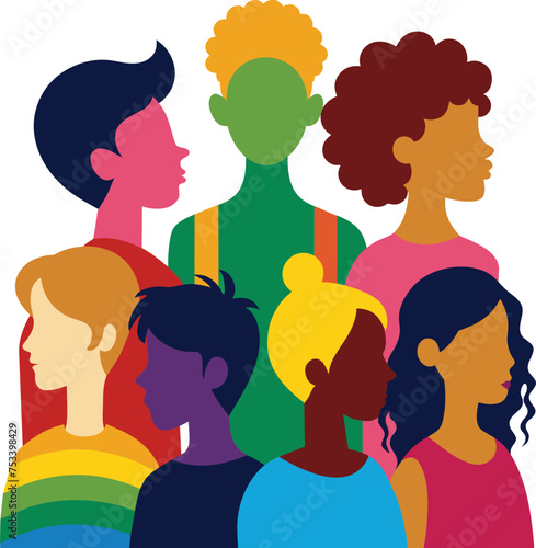 Silhouettes of people, men, women as an end to the inclusiveness of the lgbtq community, pride, rainbow colors. Vector stock illustration with homosexuals isolated