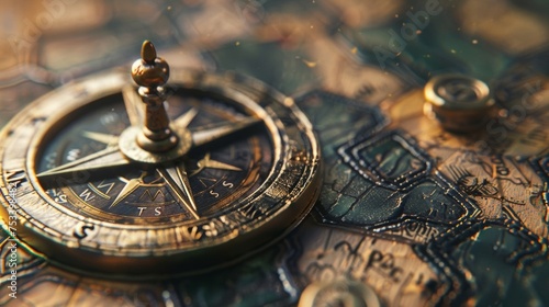 A closeup of a game piece shaped like a compass emphasizing the importance of navigation and direction in this adventurous board game.