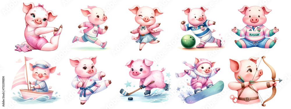 Obraz premium Watercolor picture of a pink pig exercising on a white background. Isolated image.