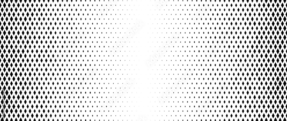 Rhombus gradient halftone texture. Diamond shape dots fading background. Abstract geometric particle vanishing backdrop. Rhomb shape grunge overlay texture. Vector wide black white wallpaper - obrazy, fototapety, plakaty 