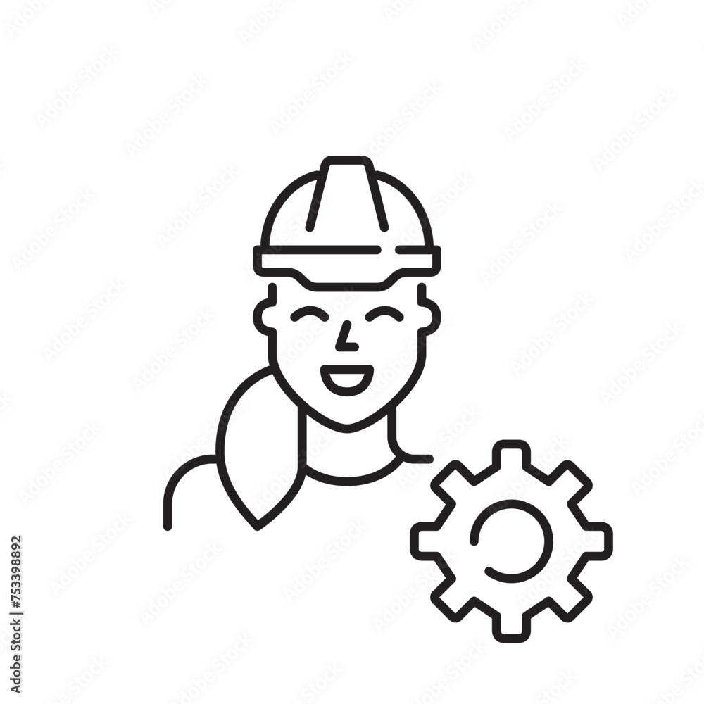 Woman wearing hard hat and cogwheel vector icon. Female representation in engineering and construction professions Woman wearing hard hat and cogwheel vector icon. Female representation in engineering and construction professions
