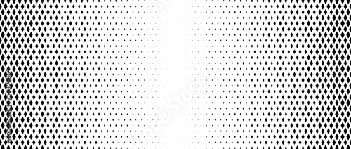 Rhombus gradient halftone texture. Diamond shape dots fading background. Abstract geometric particle vanishing backdrop. Rhomb shape grunge overlay texture. Vector wide black white wallpaper
