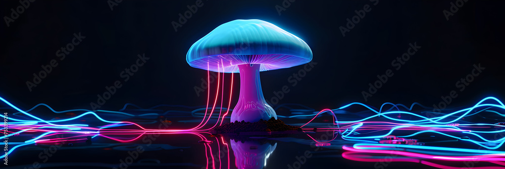3D neon illustration of a magical mushroom surrounded by glowing light trails isolated on black background. - obrazy, fototapety, plakaty 