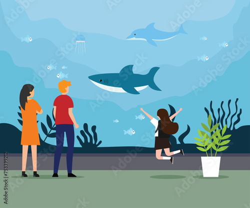 People visiting an oceanarium flat vector illustration