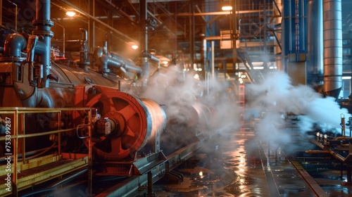 A complex system of pumps and turbines taking in water heating it up and turning it into superheated steam. photo