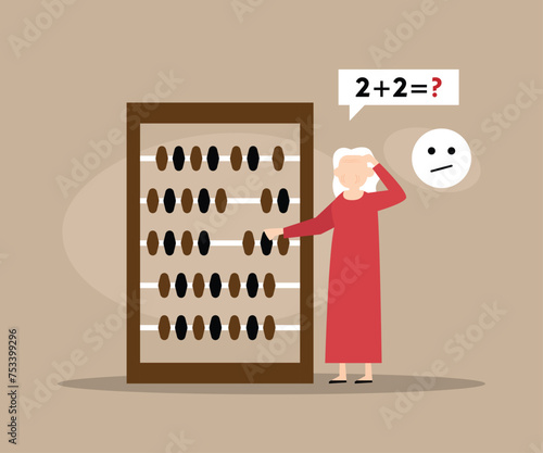 Old woman suffering dementia with a huge wooden abacus flat vector illustration