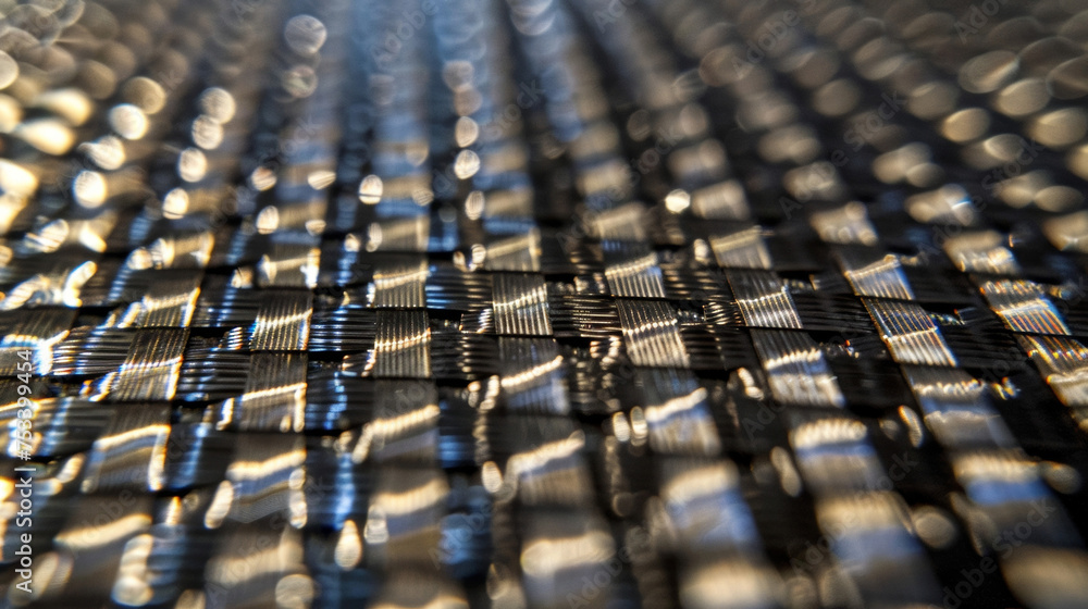 A micro closeup of a carbon fiber weave highlighting the strong and lightweight properties of resilient material. A micro closeup of a carbon fiber weave highlighting the strong and lightweight properties of resilient material.