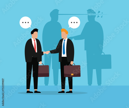 Businessman with long nose lying to another person flat vector illustration
