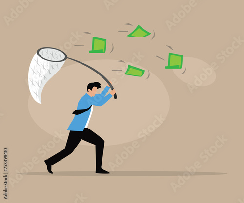 Businessman trying to catch flying money with a butterfly net flat vector illustration
