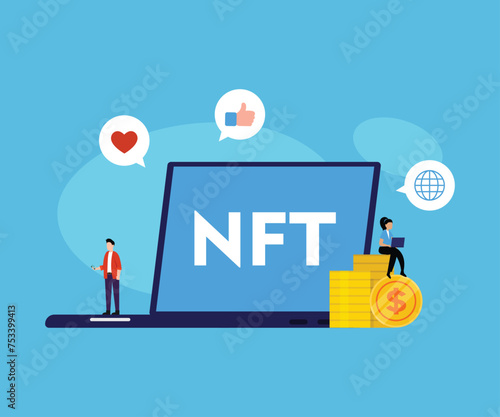 NTF. Non-fungible token. Technology of selling NFT tokens for cryptocurrency flat vector illustration