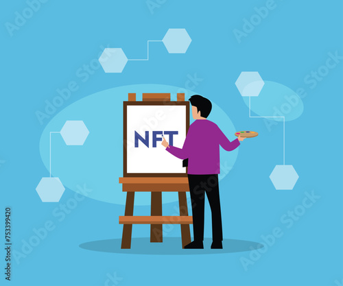 NTF. Non-fungible token. Technology of selling NFT tokens for cryptocurrency flat vector illustration