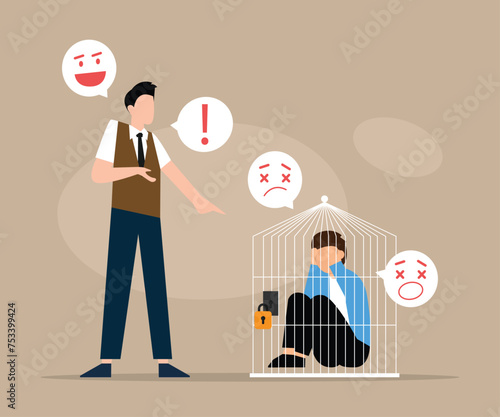 Sad bullied man prisoner of sorrow flat vector illustration