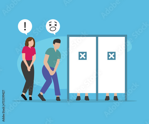 Queue To Toilet, People Waiting for occupied toilets flat vector illustration