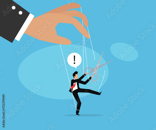 Businessman out of control with cut a string flat vector illustration
