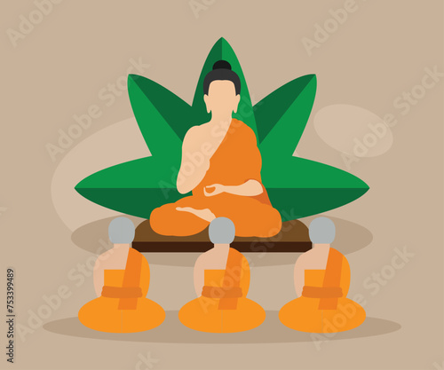 Monks meditating in front of the BUddha statue flat vector illustration
