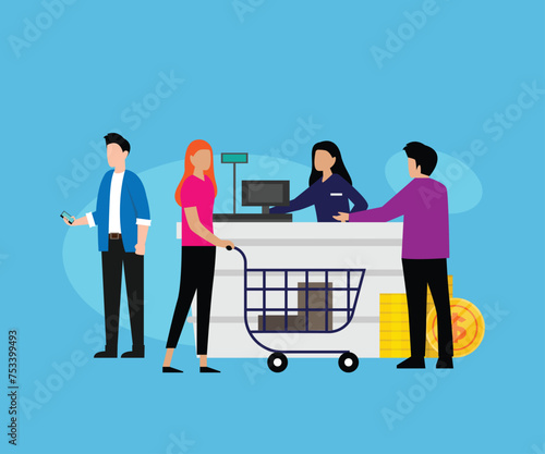 Cashier, checkout counter and buyer pays purchase in supermarket flat vector illustration