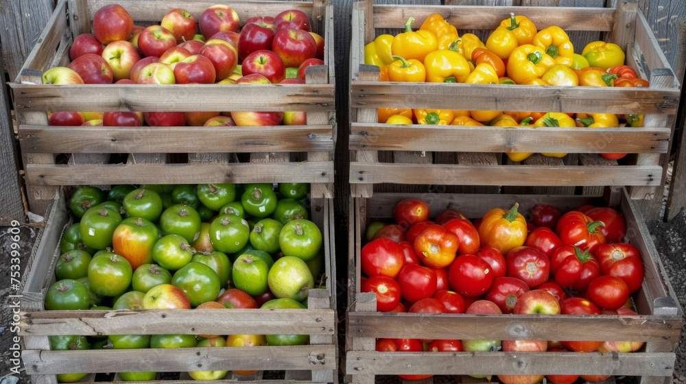 Wooden crates filled with crisp apples vibrant peppers and plump tomatoes all locally and sustainably grown. Wooden crates filled with crisp apples vibrant peppers and plump tomatoes all locally and sustainably grown.