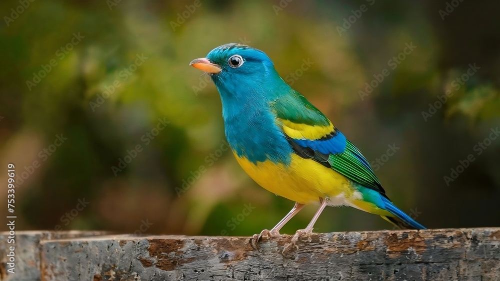 Fototapeta premium Follow bird beneath canopy tropical paradise whose feathers equal vibrant blossoms far-off flowers. flits among the trees, plumage, symphony pinks, oranges, and purples, creates a spectacle color.