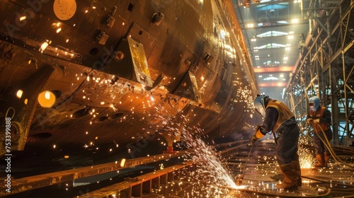 Welders work tirelessly creating sparks as they fuse together pieces of metal to form the hull of a new submarine.