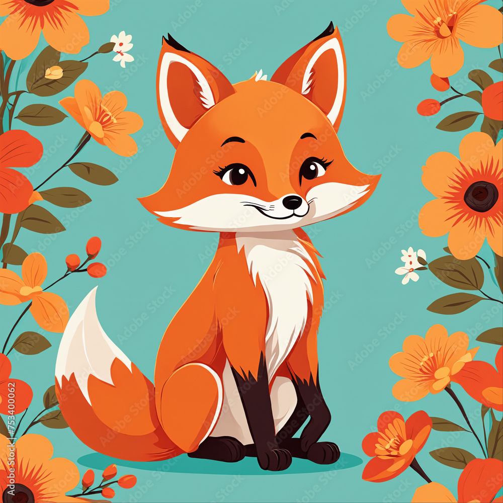 Fototapeta premium cute cartoon fox with flowers.generative AI
