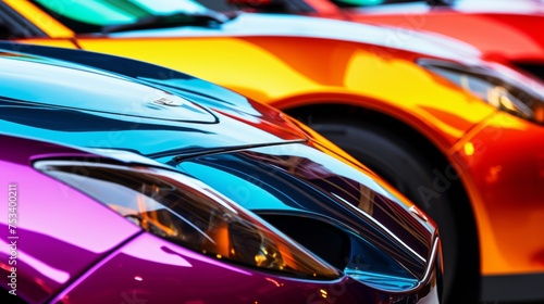 A vibrant lineup of sports cars with a focus on a red car's front. The blurred background shows various colorful cars arranged in a row © Lena_Fotostocker