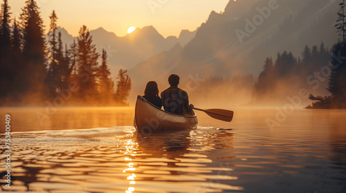 Couple Canoeing on Tranquil Lake at Sunrise
