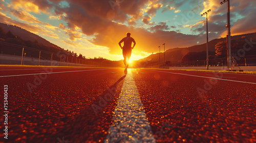 Athlete Running on Track during Sunset