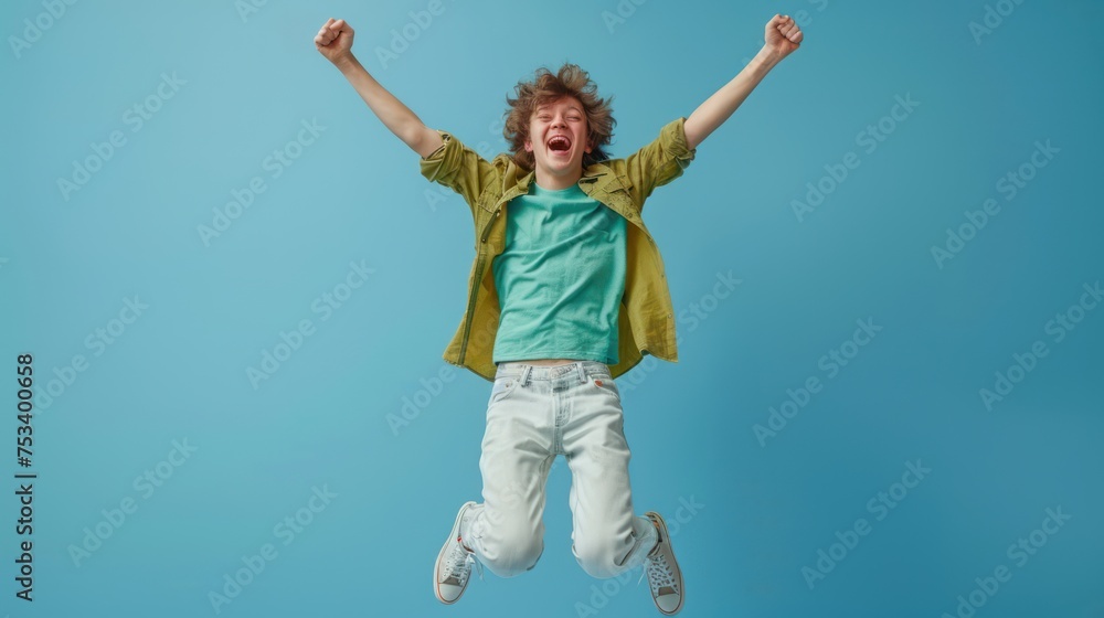 Full body portrait of happy excited young funny teenage boy wearing green shirt, white jeans and sneakers having fun isolated on a blue studio background. Lifestyle and people emotions Full body portrait of happy excited young funny teenage boy wearing green shirt, white jeans and sneakers having fun isolated on a blue studio background. Lifestyle and people emotions