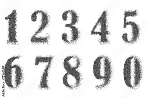 Stipple numbers. Grunge halftone font with pixel pattern. Typography numerals set with abstract dotted effect. Vector pop art design elements.