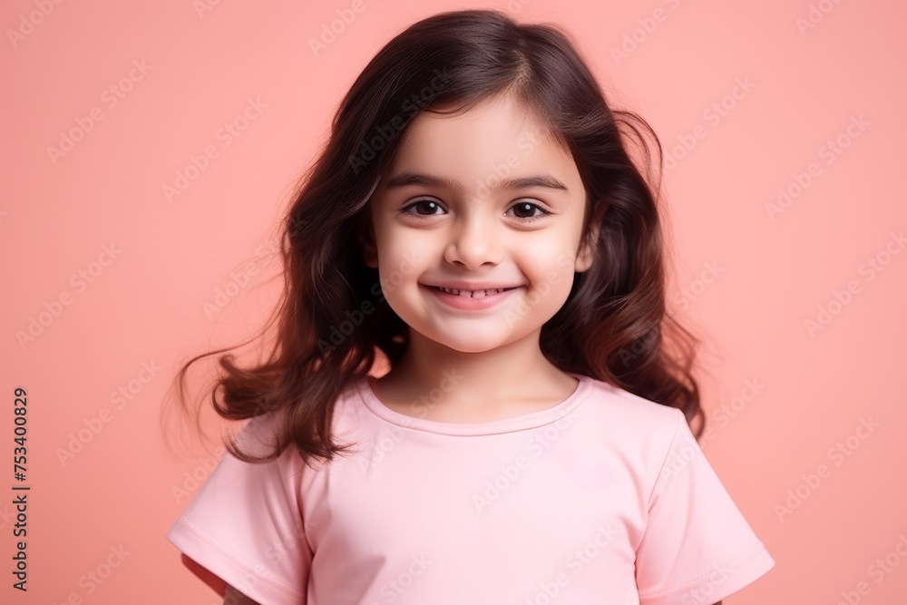 Portrait of a cute little girl with long hair on a pink background Portrait of a cute little girl with long hair on a pink background