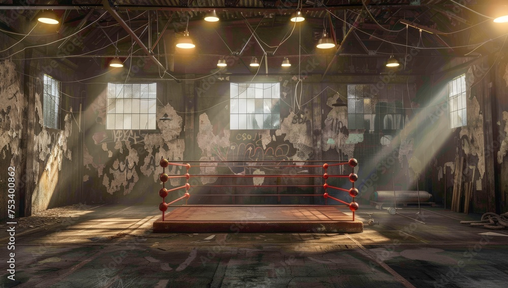 A boxing ring with ropes, a boxing bag, and lighting in an abandoned warehouse