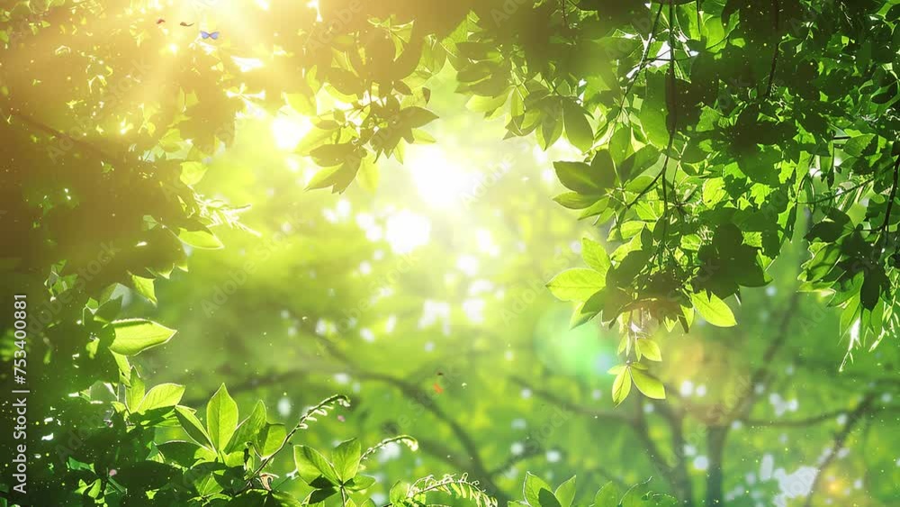 beautiful green forest scenery the sun and green leaves. seamless looping overlay 4k virtual video animation background beautiful green forest scenery the sun and green leaves. seamless looping overlay 4k virtual video animation background
