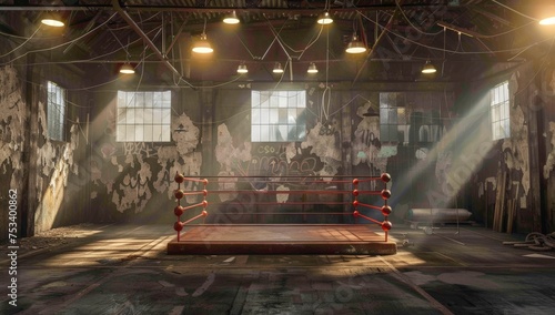 A boxing ring with ropes, a boxing bag, and lighting in an abandoned warehouse photo
