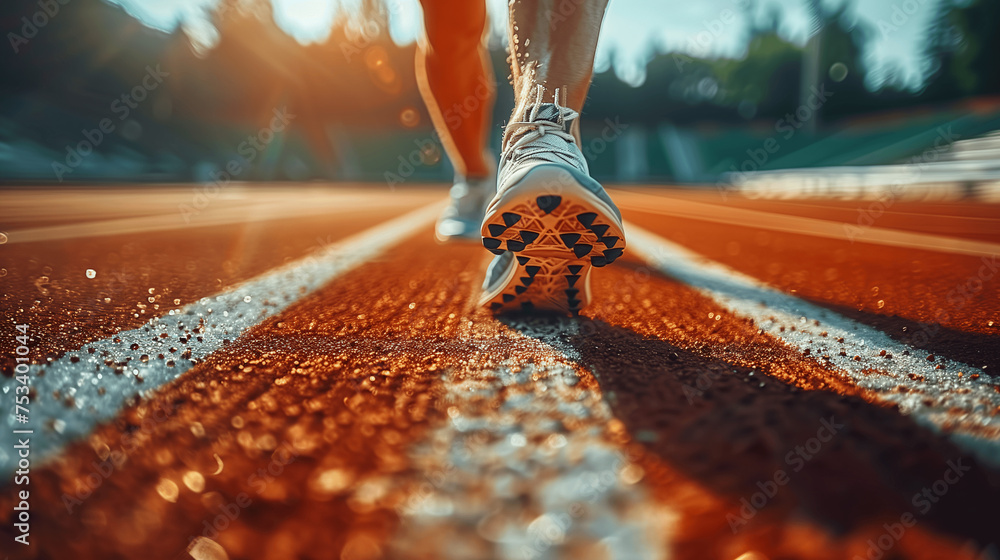 Close-up of Athlete's Running Shoe on Starting Line of Track - obrazy, fototapety, plakaty 