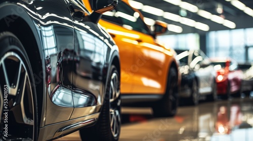 A lineup of colorful luxury cars in a show room, showcasing a prominent yellow car in front with a focus on the headlight and grille