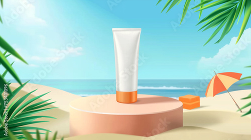 Sunscreen Tube on Sunny Beach with Palm Leaves