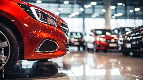 A close-up view of a shiny red car in a showroom with other vehicles in the background. The focus is on the front headlight and grille area