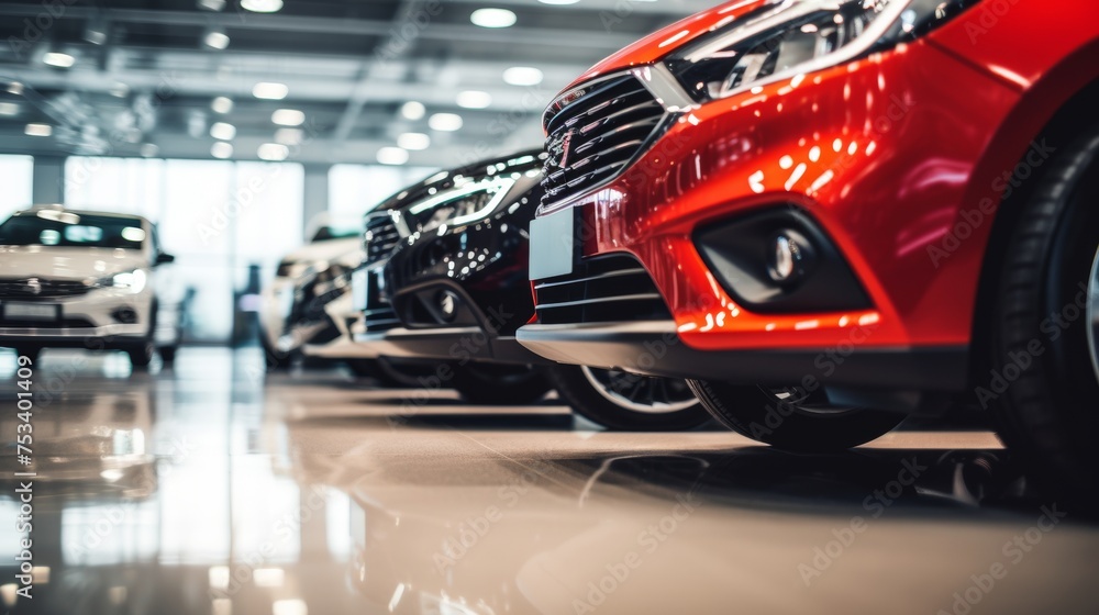 A close-up view of a shiny red car in a showroom with other vehicles in the background. The focus is on the front headlight and grille area - obrazy, fototapety, plakaty 