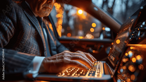 Businessman Working on Laptop in Car at Night