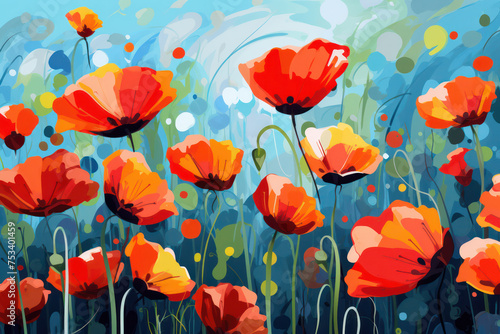 Red Poppy: Abstract Floral Illustration on Vintage Paper with Summer Meadow Background