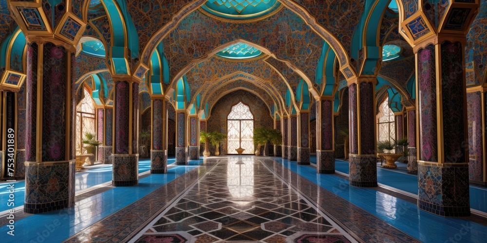 Within the mosque's walls, ornate arches and delicate calligraphy create an atmosphere of serenity and reverence, inviting worshippers to seek solace and connection - obrazy, fototapety, plakaty 