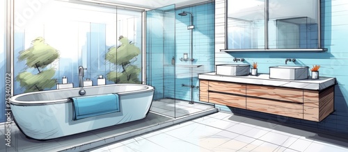 Bathroom design sketch illustration 2d photo