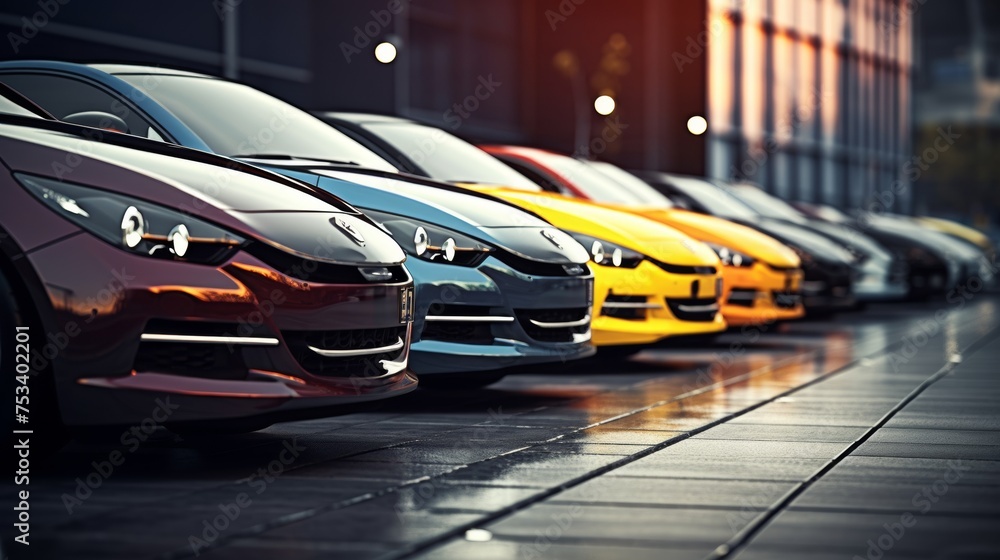 A row of luxury cars in various colors is displayed in a showroom, with focus on a red vehicle's front side and wheel