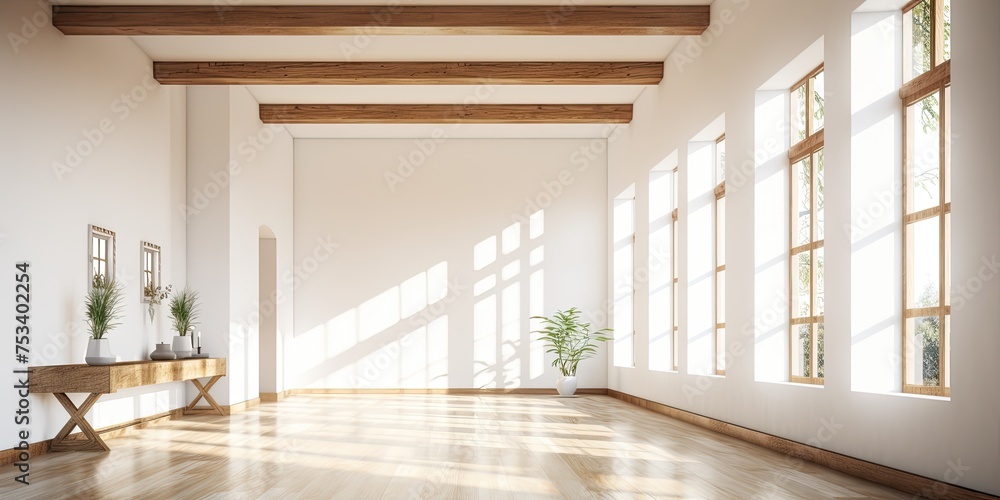 Obraz premium Modern house with white walls, wooden beams, windows, and an empty long hallway.