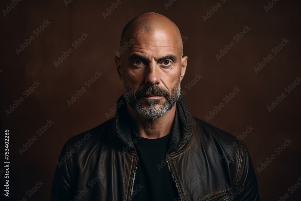 Portrait of a bald man with a beard in a leather jacket