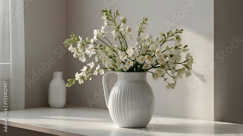 home interior with white flowers in a vase on a light background for product display